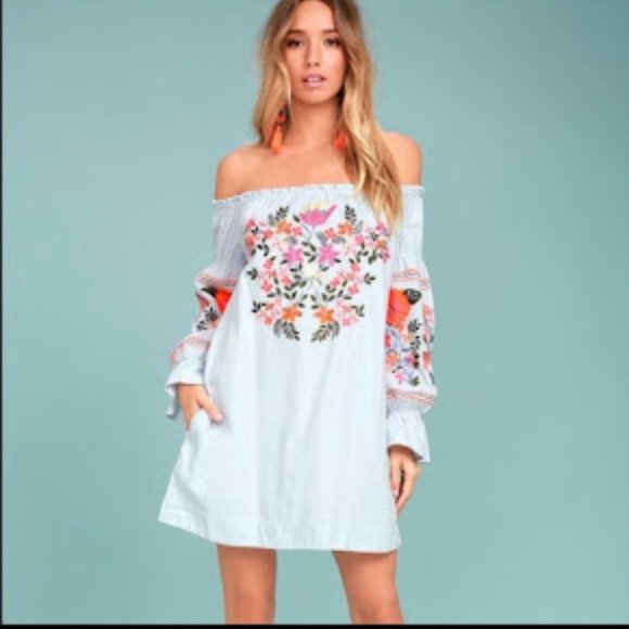 Free People Dresses & Skirts - Free People Fleur Du Jour Embroidered Boho Dress Off Shoulder Pockets